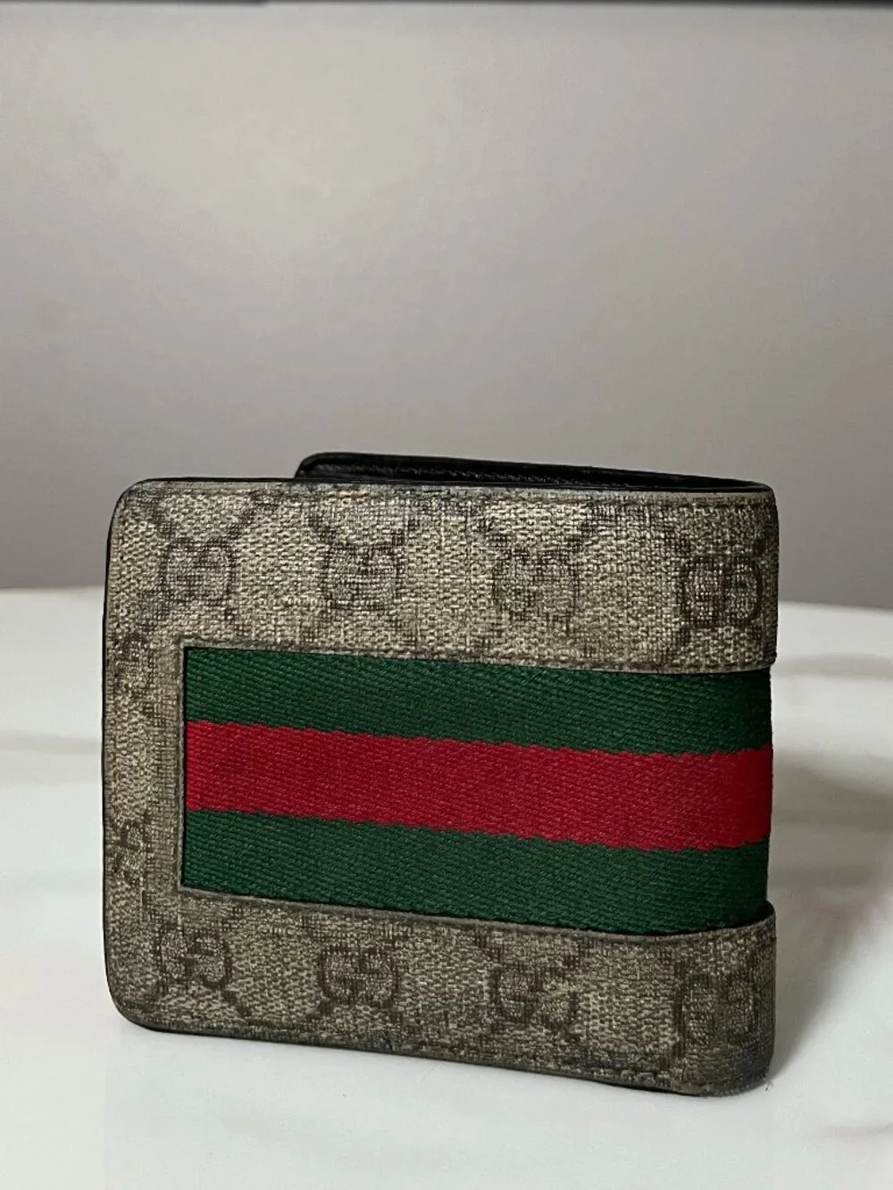 Gucci GG Supreme Web Stripe Bifold Leather Wallet Coin Pocket + Dust Bag